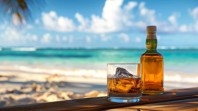 A bottle and glass of rum on a bar counter with a sandy beach and sea waves in the background. Whiskey or bourbon on a table with a tropical island landscape.