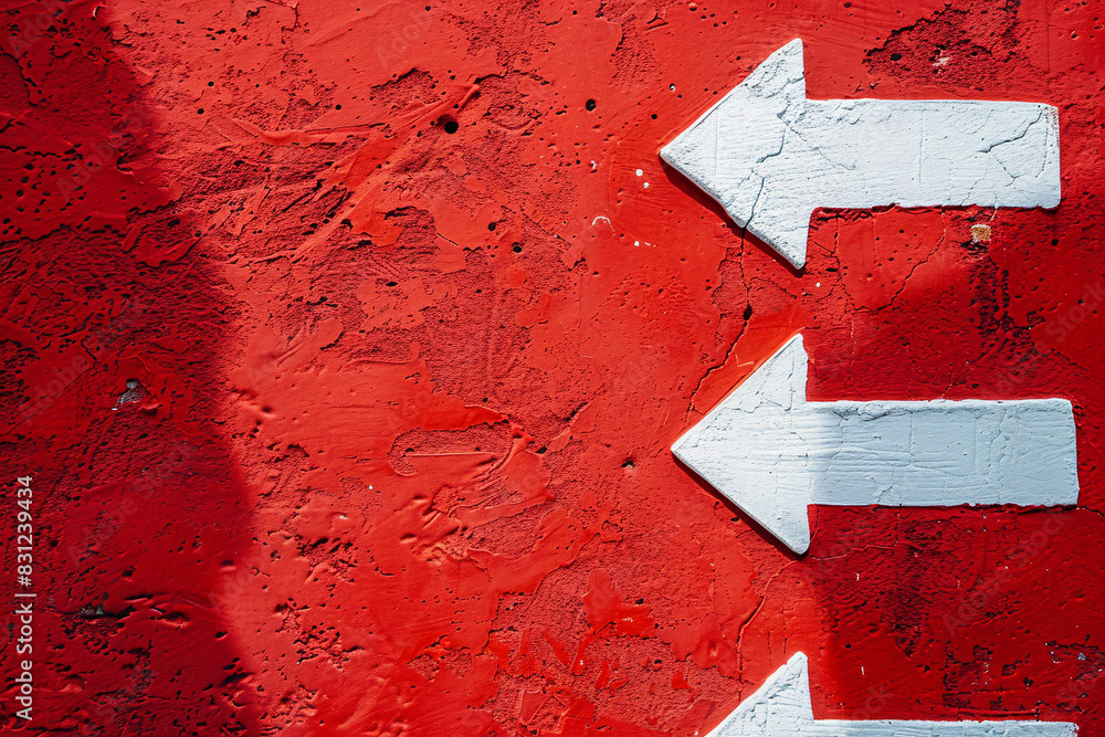 Aufkleber three white arrows painted on a textured red wall pointing to the right creating a bold visual contr