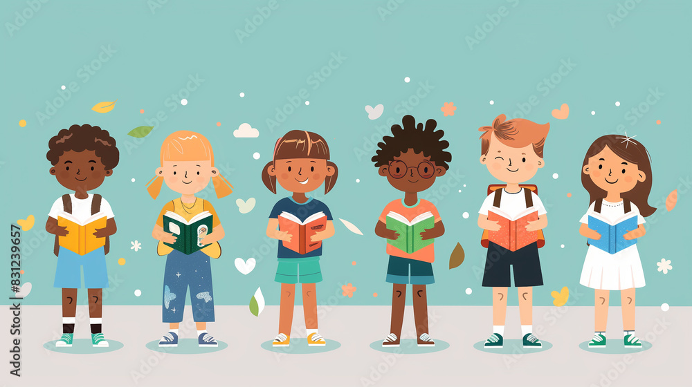 Wall mural cartoon of diverse children embracing the joy of learning through books, promoting inclusivity and k