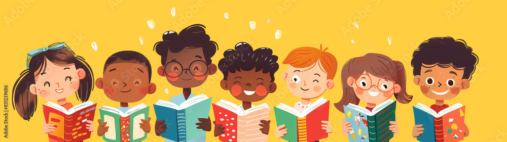 Wall mural cartoon of diverse children embracing the joy of learning through books, promoting inclusivity and k