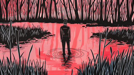 An illustration of a person standing in a forest with tall trees and reflective water in shades of red and black creating a serene yet dramatic natural scene