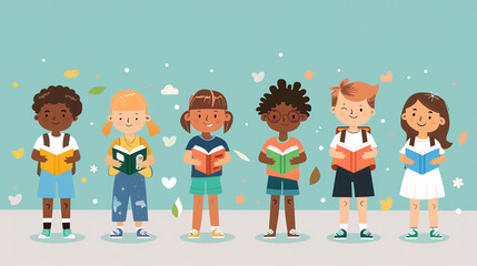 Cartoon of diverse children embracing the joy of learning through books, promoting inclusivity and knowledge in school education, stock illustration image