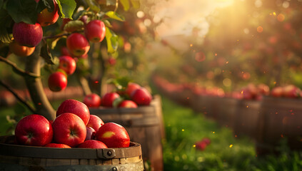 A wooden barrel filled with red apples in an apple orchard during the day, surrounded by trees and green grass, with sunlight filtering through the leaves. The ripe apples are ready for harvest.