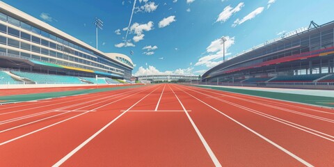 olympic running track, red surface with white stripes.