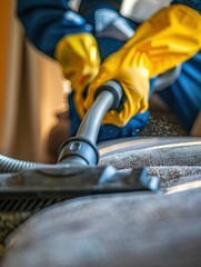 Professional cleaner cleaning sofa with vacuum in living room at home