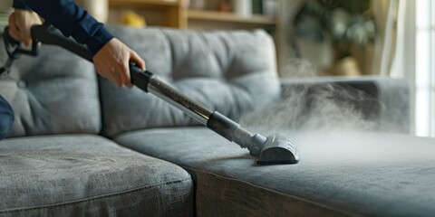 Professional cleaner cleaning sofa with vacuum in living room at home