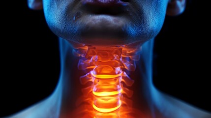A glowing digital representation of the human throat and neck area with highlighted spine and internal structures on a dark background.