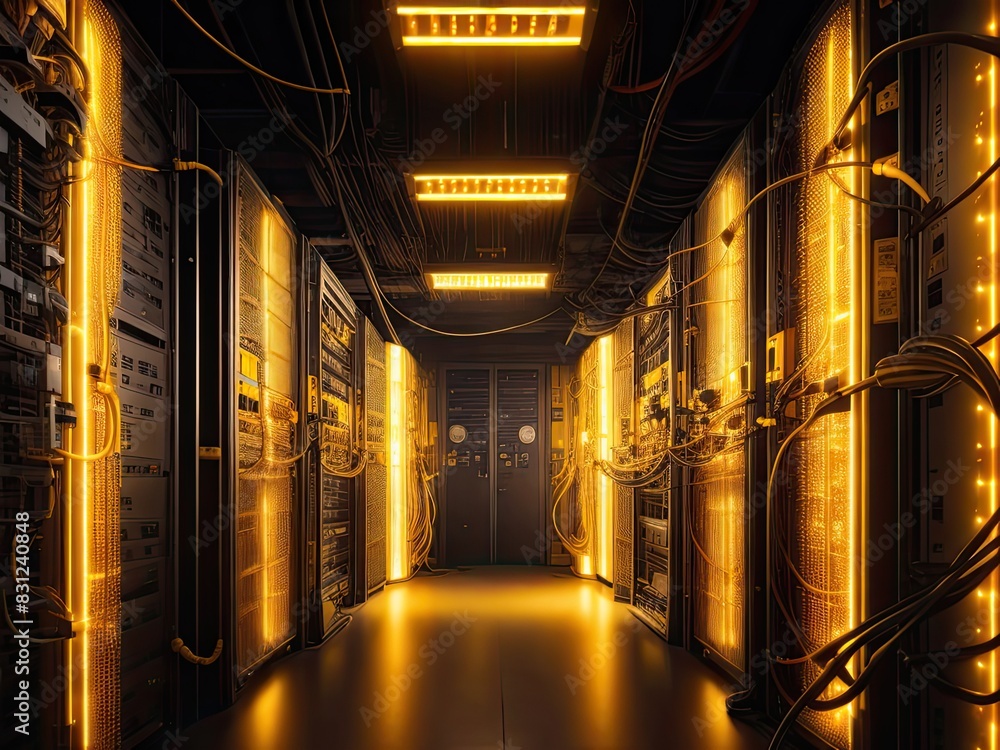 Aufkleber a background of a server cables room with and illuminated golden lights, dramatic, and network compo