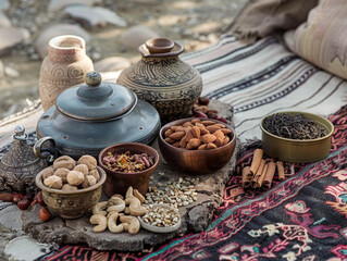 Fototapeta premium A tray of nuts and dried fruit is set on a table next to a teapot. Set of cultural dishes of Bedouin Arabs.
