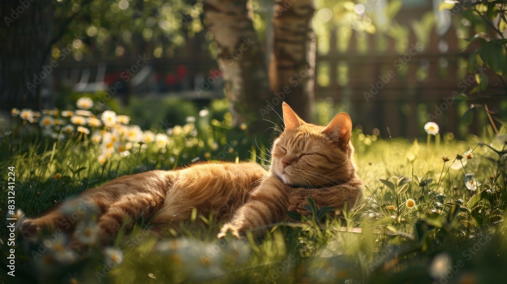 Poster overweight cat lying on a sunny patch of grass in a backyard, with trees and flowers in the backgrou