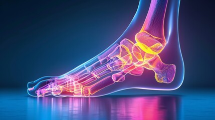Colorful 3D illustration of a human foot X-ray showing bones and joints, highlighting the ankle and toes with vibrant neon colors.