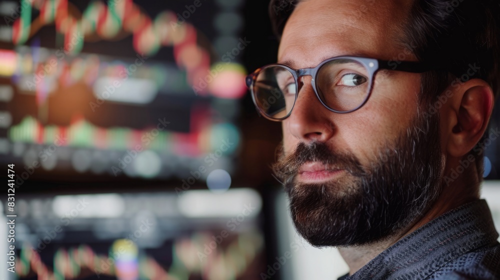 Poster a man with a beard and glasses is deeply focused on the content displayed on a computer monitor in f