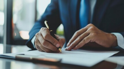 A businessman is sitting at his desk and signing a document with a pen