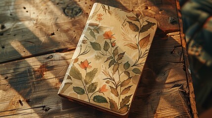 Floral Journal on Rustic Wooden Table
