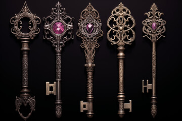 Vintage Ornate Keys with Purple Gems, Antique Style, Decorative Design