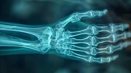 Detailed X-ray image of a human hand showcasing bones and joints for medical and scientific purposes, highlighting skeletal anatomy. - Powered by Adobe