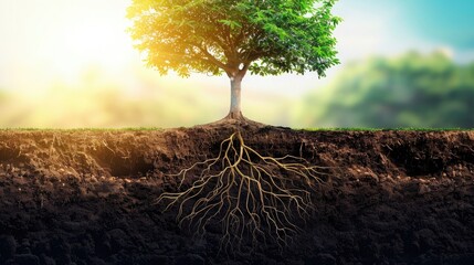 A tree with roots reaching deep into the ground, symbolizing the foundation of thought.