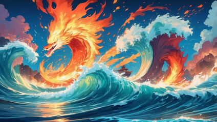 Contemporary Japanese-inspired clash of fire and water in dynamic wave-like combat.