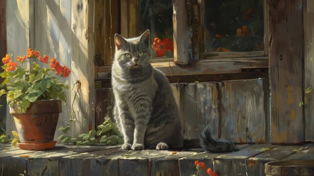 Overweight grey cat sitting on a porch, looking content and serene. The rustic setting