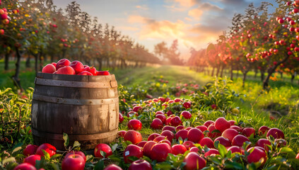 A wooden barrel filled with red apples in an apple orchard during the day, surrounded by trees and green grass, with sunlight filtering through the leaves. The ripe apples are ready for harvest.