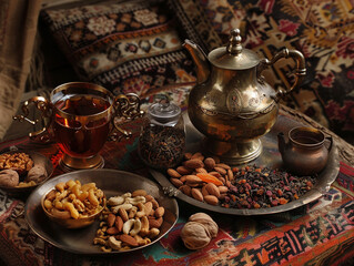 A tray of nuts and dried fruit is set on a table next to a teapot. Set of cultural dishes of Bedouin Arabs.
