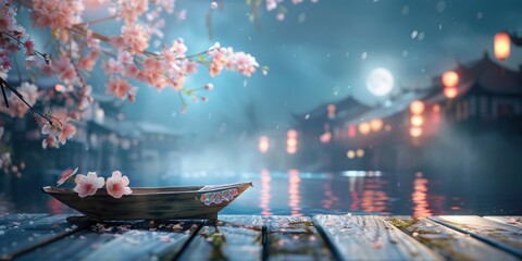 A boat and a lake with a pink tree in the background. The scene is serene and peaceful, with the moon reflecting on the water