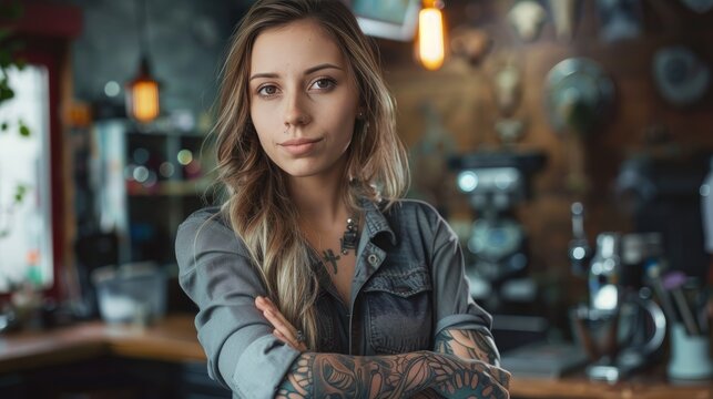 Woman standing, arms crossed, in bar setting