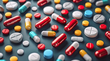 A close-up shot of various colorful pills and tablets on a dark surface, representing medication, health care, and pharmaceutical industry concepts.