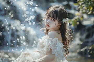 Dreamy portrait of a woman adorned with flowers, with sparkling light effects in a serene woodland