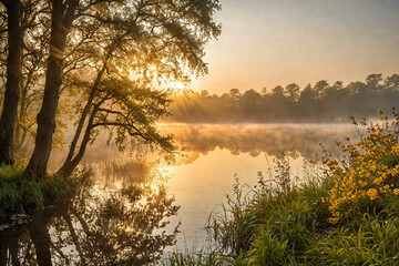 Fototapeta premium Morning fog lifts off a lake sunrise on a cool morning, Generative AI