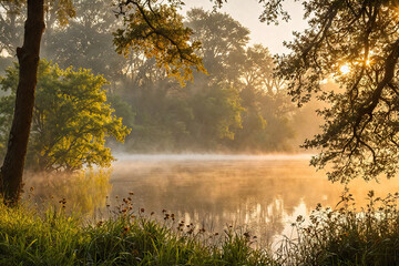 Morning fog lifts off a lake  sunrise on a cool morning, Generative AI