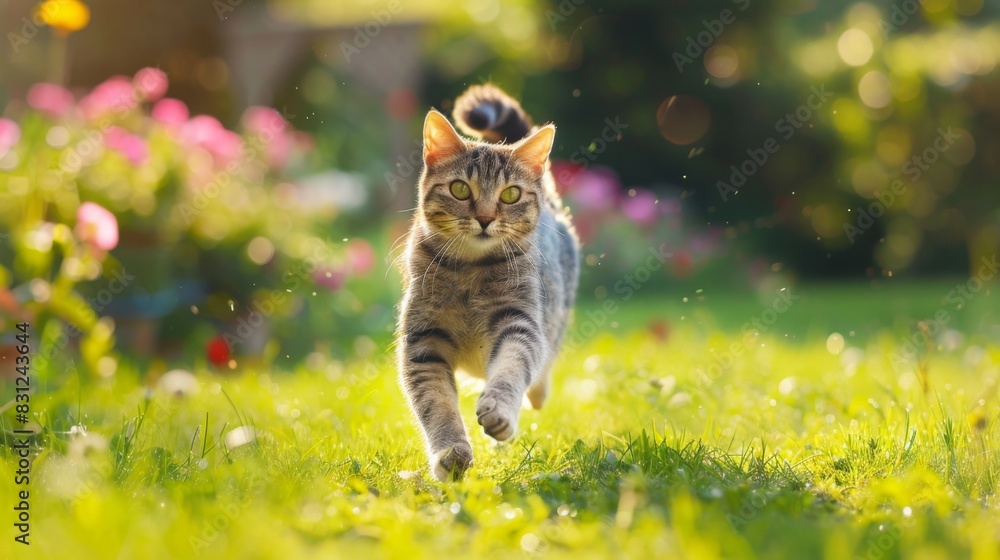 Poster playful cat dashing across a green lawn in a burst of energy, with flowers and trees in the backgrou