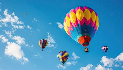 Obraz premium Colorful hot air balloons soaring in a clear blue sky with scattered clouds during a sunny day. Vibrant and cheerful scene.