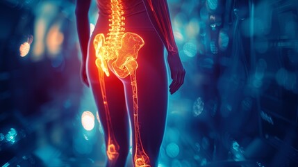 Digital illustration of lower human spine and pelvis with glowing effect, highlighting importance of spinal health and anatomy.