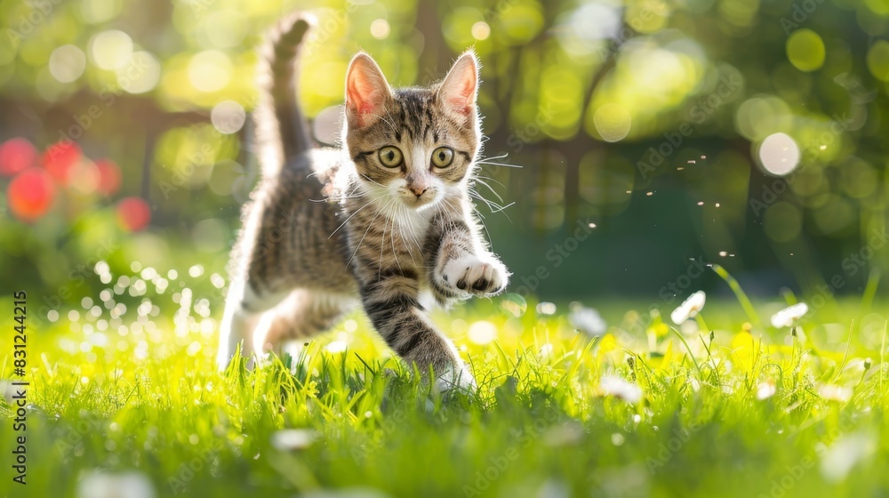 Poster playful cat dashing across a green lawn in a burst of energy, with flowers and trees in the backgrou