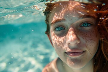 Fototapeta premium Closeup of a girl with blue eyes peacefully floating underwater, reflecting a sense of calm