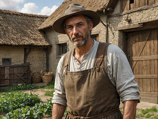Peasant man wearing a black smith apron, standing beside a cottage