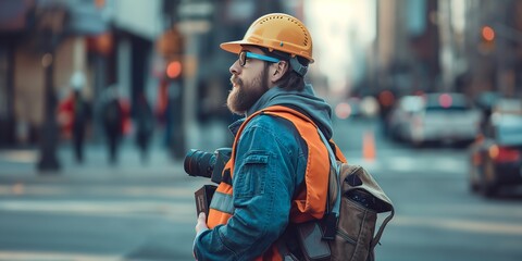 A street worker clad in safety gear and a yellow helmet standing on a bustling city street, carrying a camera and a backpack, capturing urban landscape or working on construction.