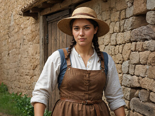 Young female farmer in a hat and medieval building and clothing