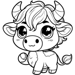 Fototapeta premium Cartoon of baby bull with simple lines for children to color book pages. Drawing for vectorization