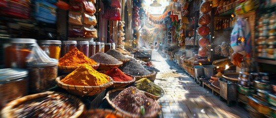 A vibrant market scene showcasing colorful spices in bowls, creating a lively and aromatic atmosphere. Perfect for travel and culinary themes.