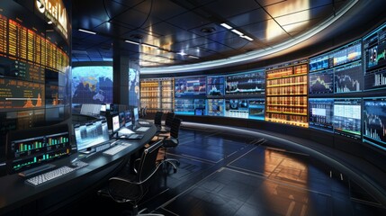 A room filled with numerous computer screens displaying various data and information.