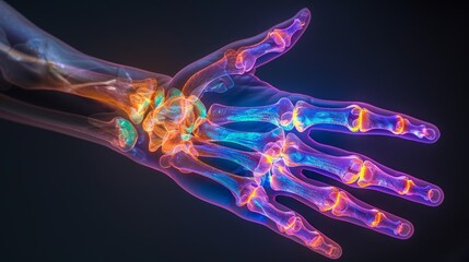 X-ray image of a human hand highlighting bones with vibrant colors, showing anatomical details and wrist structure for medical visualization.