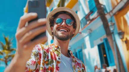 man with summer clothes taking a selfie with palm trees and daytime streets in high resolution and...