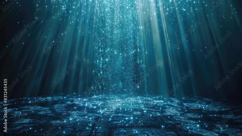 Poster enchanting loop of blue glitter particles descending in soft, delicate light rays, creating a mesmer