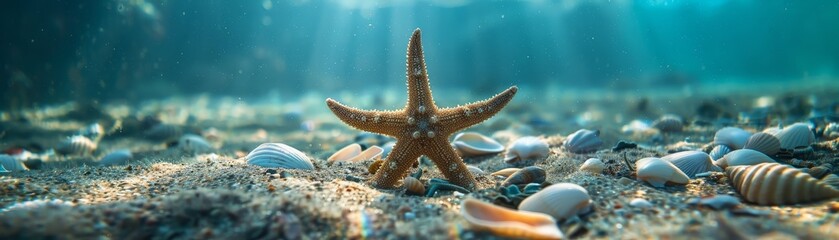 Starfish resting on the ocean floor surrounded by seashells, illuminated by sunlight streaming through the water above.
