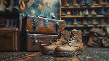 shoes with other items that tell a story, such as maps, suitcases and travel bags