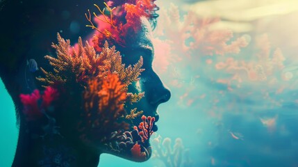 Surreal portrait blending human and coral forms, capturing the harmony between nature and humanity in vibrant underwater scenery.