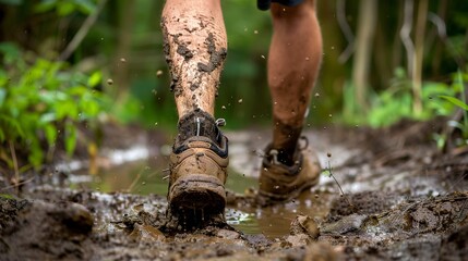 Trail runner, close-up on muddy shoes, natural obstacles, clear texture, vibrant forest background. 