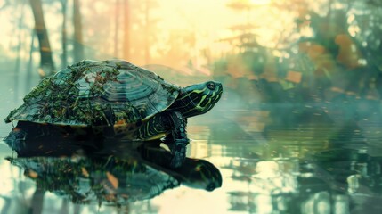 Tranquil scene of a turtle resting on a log in a misty forest pond, with soft lighting and trees reflecting in the calm water.